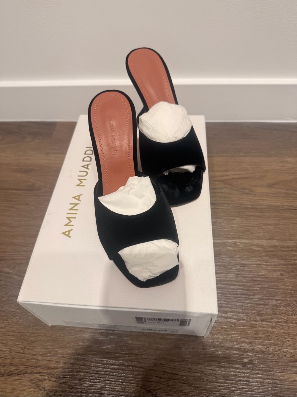 Amina Muaddi Black Open-Toe Mules with Tan Insole